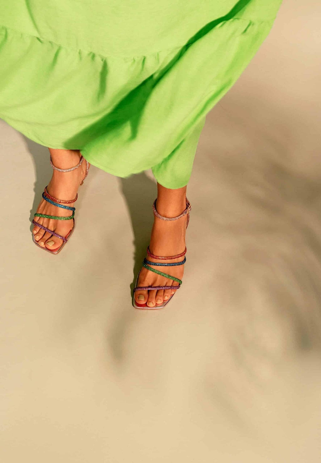 Multicolor Crystal Leather Sandals – 8 cm Heeled Strappy Design